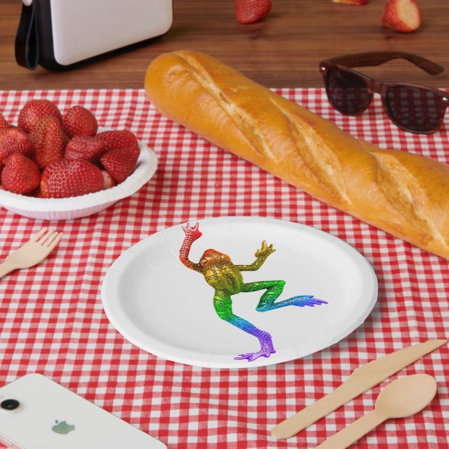 SlipperyJoe's rainbow coloured frog rendered sculp Paper Plate (Picnic)