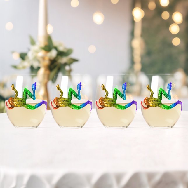 SlipperyJoe's rainbow coloured frog rendered sculp Stemless Wine Glass (Insitu (Wedding))