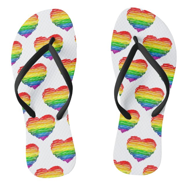 SlipperyJoe's rainbow coloured heart scribbled swi Flip Flops (Footbed)
