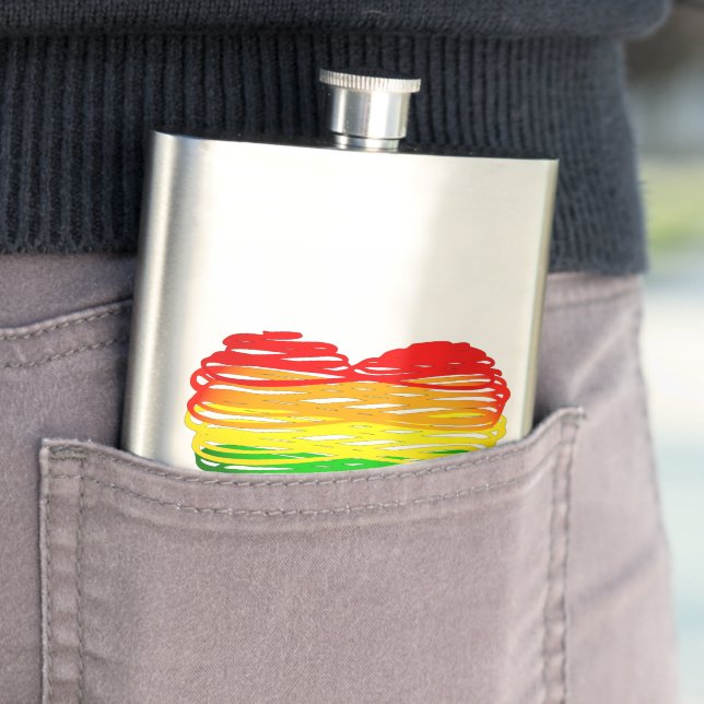 SlipperyJoe's rainbow coloured heart scribbled swi Hip Flask (In Situ)