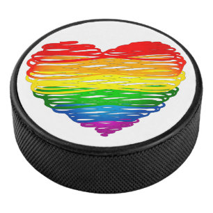 SlipperyJoe's rainbow coloured heart scribbled swi Hockey Puck