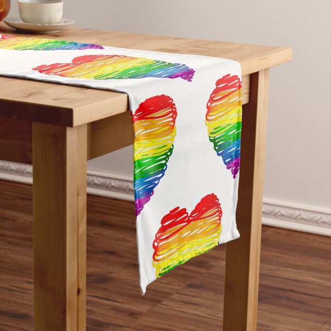 SlipperyJoe's rainbow coloured heart scribbled swi Short Table Runner (In Situ)
