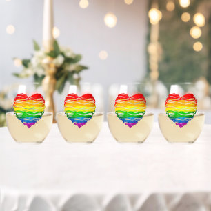 SlipperyJoe's rainbow coloured heart scribbled swi Stemless Wine Glass