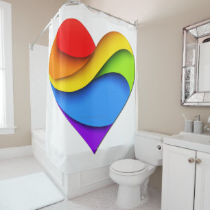 SlipperyJoe's rainbow layered heart shape red oran Shower Curtain