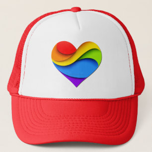 SlipperyJoe's rainbow layered heart shape red oran Trucker Hat