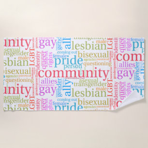 SlipperyJoe's rainbow LGBTQ+ community word cloud Beach Towel