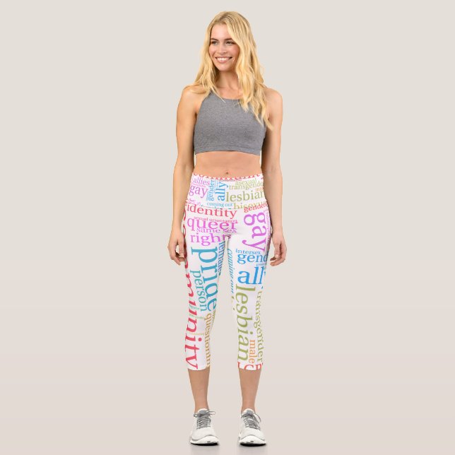 SlipperyJoe's rainbow LGBTQ+ community word cloud  Capri Leggings (Front)