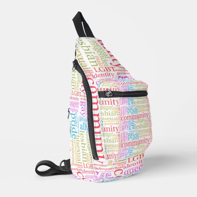 SlipperyJoe's rainbow LGBTQ+ community word cloud  Sling Bag (Left Corner)