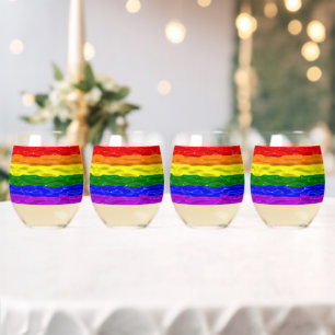 SlipperyJoe's rainbow pride colours glossy liquid  Stemless Wine Glass