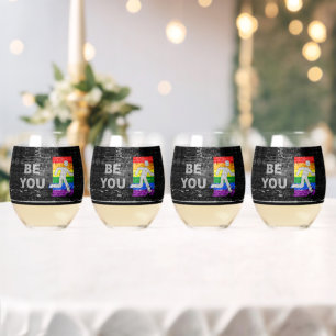 SlipperyJoe's rainbow pride colours panel urban st Stemless Wine Glass