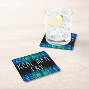 SlipperyJoe's real men cry tears black blue aqua s Square Paper Coaster