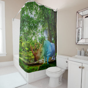SlipperyJoe's rhinoceros lush tropical setting pri Shower Curtain