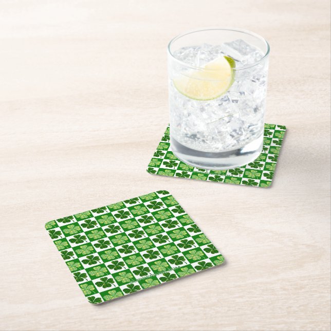 SlipperyJoe's Saint Patrick's Day four leaf clover Square Paper Coaster (Insitu)