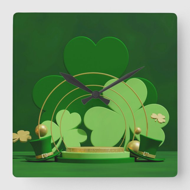 SlipperyJoe's Saint Patrick's Day three-leaf clove Square Wall Clock (Front)