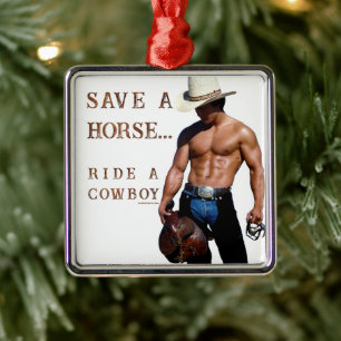 SlipperyJoe's Save a horse Ride A Cowboy hat muscu Metal Tree Decoration