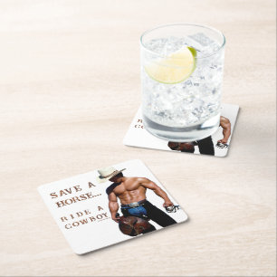 SlipperyJoe's Save a horse Ride A Cowboy hat muscu Square Paper Coaster