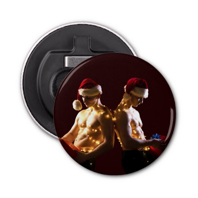 SlipperyJoe's shirtless men back-to-back Christmas Bottle Opener (Front)