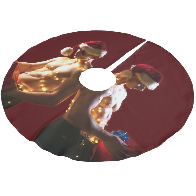 SlipperyJoe's shirtless men back-to-back Christmas Brushed Polyester Tree Skirt (Angled)