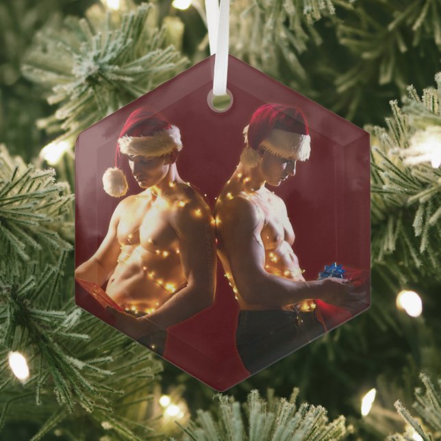 SlipperyJoe's shirtless men back-to-back Christmas Glass Tree Decoration (Insitu)