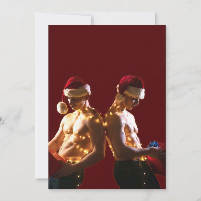 SlipperyJoe's shirtless men back-to-back Christmas Holiday Card (Front)