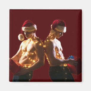 SlipperyJoe's shirtless men back-to-back Christmas Magnet