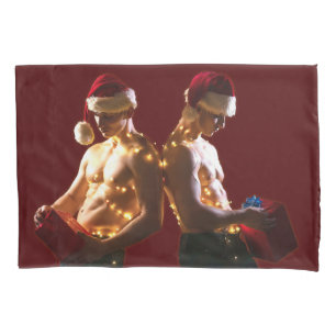 SlipperyJoe's shirtless men back-to-back Christmas Pillowcase