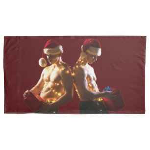SlipperyJoe's shirtless men back-to-back Christmas Pillowcase