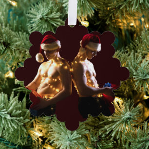 SlipperyJoe's shirtless men back-to-back Christmas Tree Decoration Card