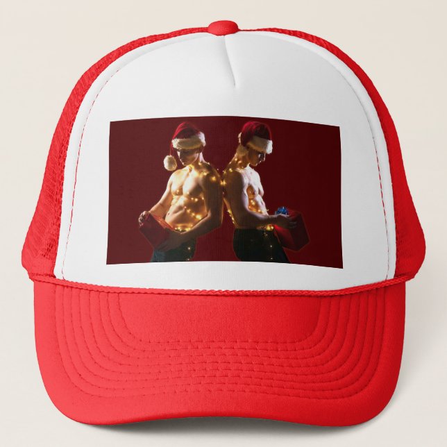 SlipperyJoe's shirtless men back-to-back Christmas Trucker Hat (Front)