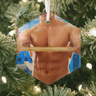 SlipperyJoe's shirtless muscular man abs chest sho Glass Tree Decoration