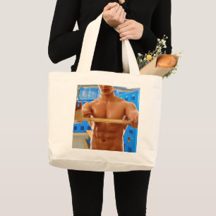 SlipperyJoe's shirtless muscular man abs chest sho Large Tote Bag