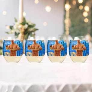 SlipperyJoe's shirtless muscular man abs chest sho Stemless Wine Glass