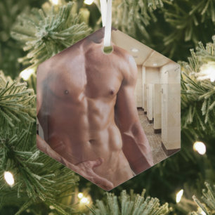 SlipperyJoe's shirtless muscular man torso sixpack Glass Tree Decoration