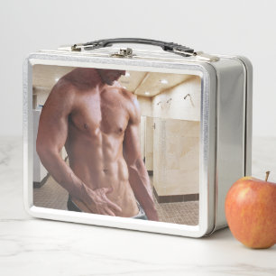 SlipperyJoe's shirtless muscular man torso sixpack Metal Lunch Box