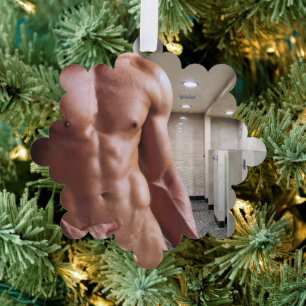 SlipperyJoe's shirtless muscular man torso sixpack Tree Decoration Card