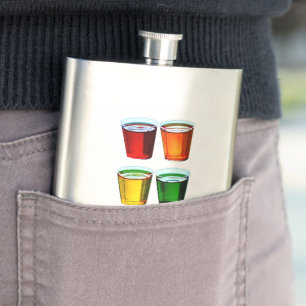 SlipperyJoe's shot glasses six cups arranged horiz Hip Flask