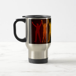 Slipperyjoe's six standing silhouettes arms raised travel mug