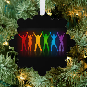 Slipperyjoe's six standing silhouettes arms raised tree decoration card