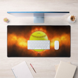 SlipperyJoe's softball on fire flames fireball ras Desk Mat