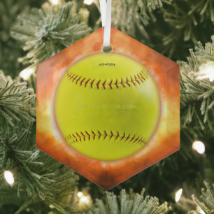 SlipperyJoe's softball on fire flames fireball ras Glass Tree Decoration