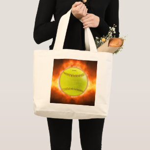 SlipperyJoe's softball on fire flames fireball ras Large Tote Bag