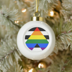 SlipperyJoe's straight ally flag smooth rainbow gr Ceramic Ball Christmas Ornament