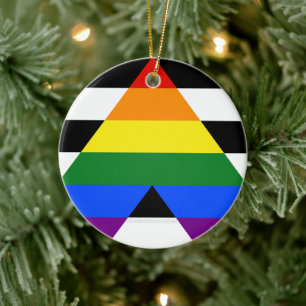 SlipperyJoe's straight ally flag smooth rainbow gr Ceramic Tree Decoration