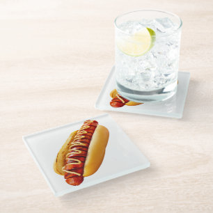 SlipperyJoe's summer BBQ vibe hot dog nestled soft Glass Coaster