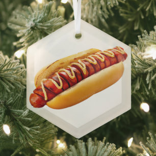 SlipperyJoe's summer BBQ vibe hot dog nestled soft Glass Tree Decoration