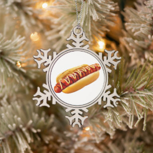 SlipperyJoe's summer BBQ vibe hot dog nestled soft Snowflake Pewter Christmas Ornament