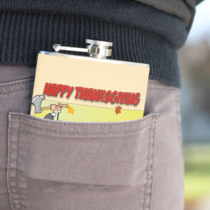 SlipperyJoe's Thanksgiving funny leaves pilgrim ru Hip Flask