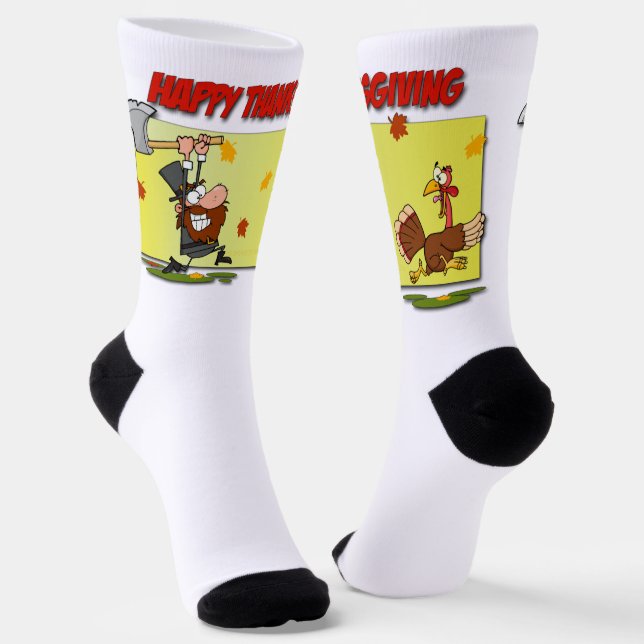 SlipperyJoe's Thanksgiving funny leaves pilgrim ru Socks (Angled)