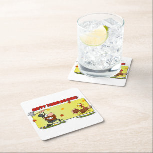 SlipperyJoe's Thanksgiving funny leaves pilgrim ru Square Paper Coaster