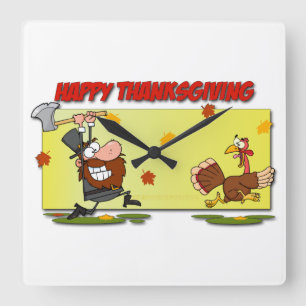 SlipperyJoe's Thanksgiving funny leaves pilgrim ru Square Wall Clock